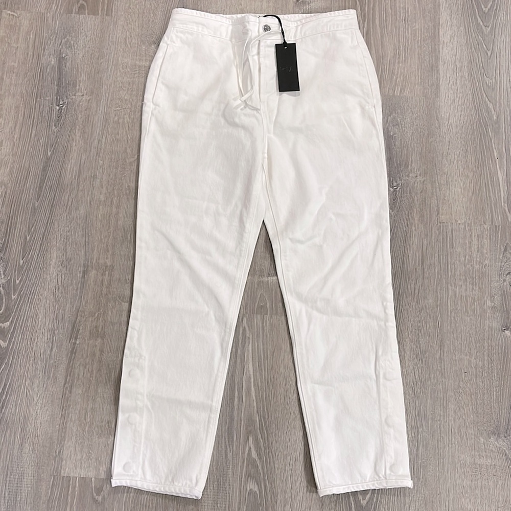 NWT RtA Brand Jeans Drawstring Straight Leg Button Detail in White Denim